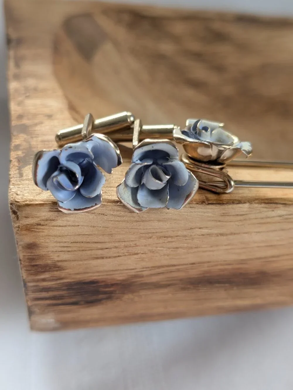 Vintage Cornflower Blue Enameled Rose Cufflinks and Tie Pin Set